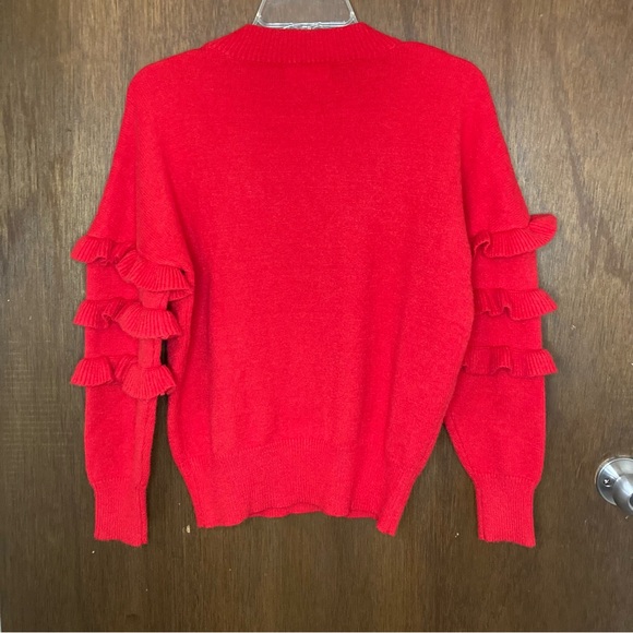 Festive Line & Dot Medium Red Sweater with Ruffles on Sleeves, Holiday Sweater - Picture 4 of 7